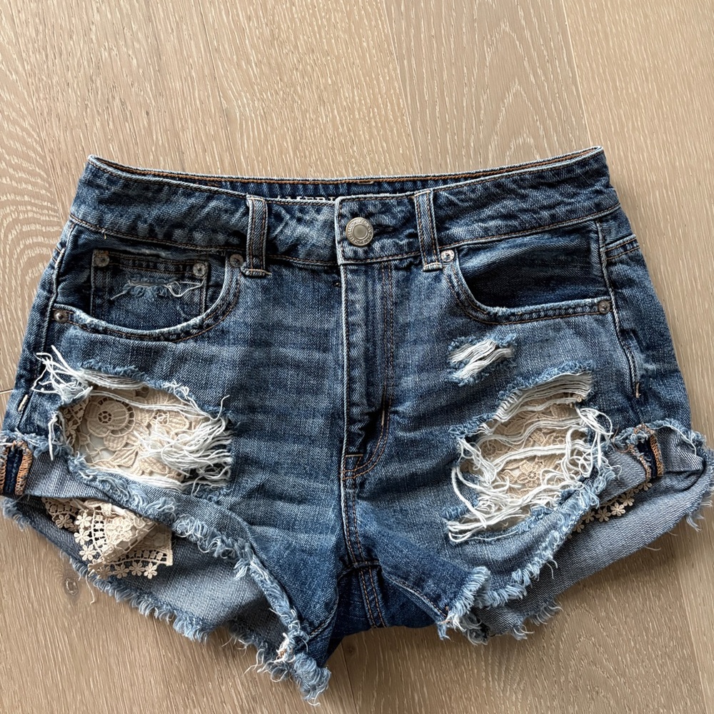 American Eagle Outfitters Distressed Denim Shorts with Cream Lace Insets - Blue